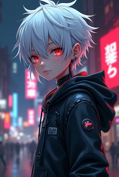 Anime cartoon male character white hair red eyes half robot hoodie