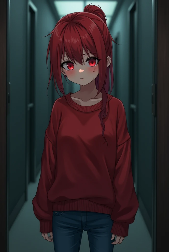 An  anime style with red eyes and hair , white skin,  wearing jeans and a red sweatshirt and a ponytail with a sad and depressed phase 