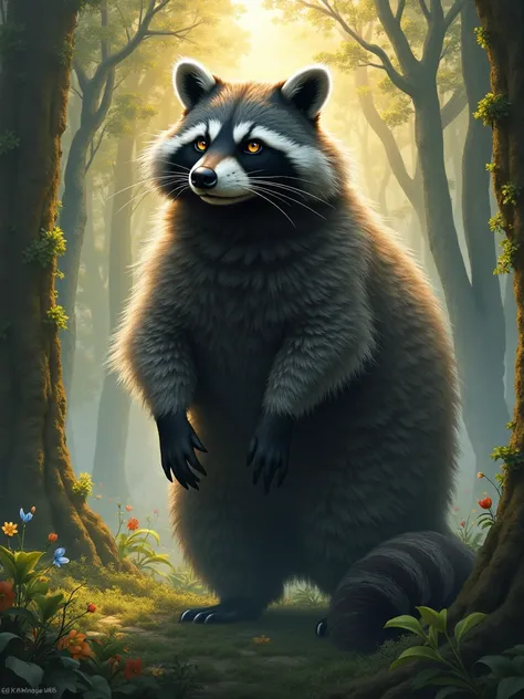 one majestic racoon ,pine forest background, 8k, masterpiece quality, fantasy atmosphere