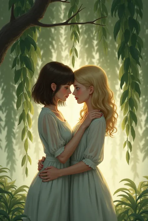 Deux soeurs, An adult brunette with straight and tall hair and a blonde  with curly hair and blue eyes under a weeping willow tree 