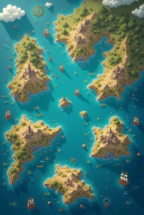 I want to create an image of a map in the sea of 8 kingdoms and that three of them are the same in size and the others are not