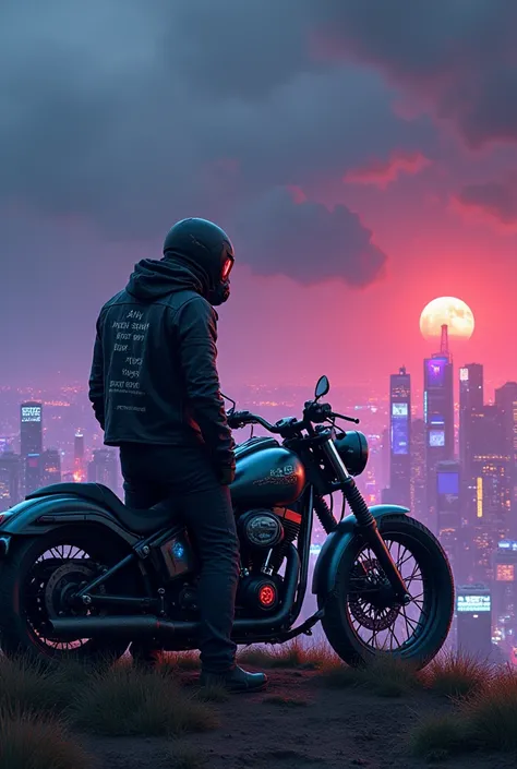  A solitary cyberpunk biker is on top of a hill ,  next to his futuristic motorcycle filled with technological details ,  like blue and red neon lights ,  rusty metal plates and exposed cables . he is standing,  with the elbow resting on the motorcycle sea...