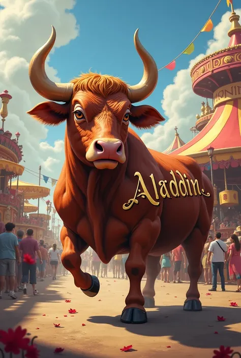 Create an image of a carnival ox with the name of Aladdin