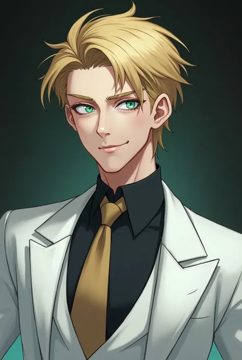 Realistic image of a 25-year-old male vampire , short-haired blonde  , with heterochromia in the eyes,  with the eye on the right light blue and the eye on the left light green,  face without a beard,  scoundrel smile in a white suit .