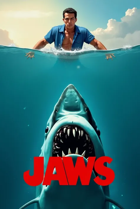 Tommy Vercetti with blue aloha shirt from gta vice city swims at the top and shark at the bottom and written JAWS like in the Jaws movie poster