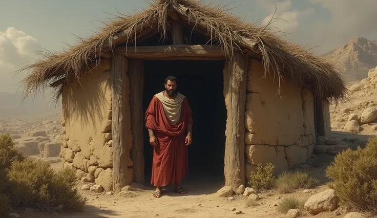 Cain outside an ancient home in the bible 