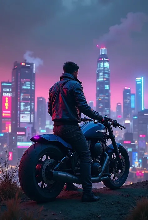  A solitary cyberpunk biker is on top of a hill ,  next to his futuristic motorcycle filled with technological details ,  like blue and red neon lights ,  rusty metal plates and exposed cables . he is standing,  looking at the distant city . Your jacket sh...