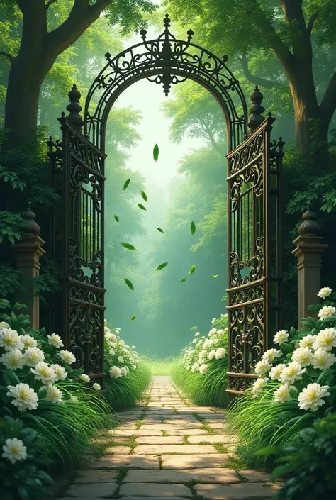 Gate surrounded by white flowers opened into a green forest with green feathers in the sky and on ground