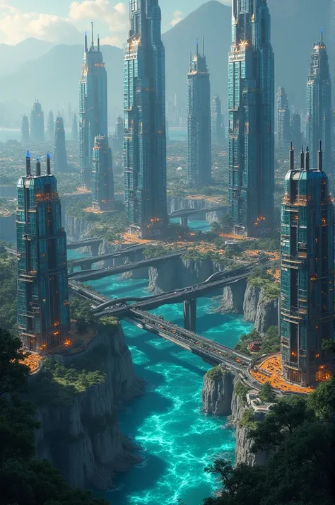 The New Atlantis "**  
     A futuristic city built on the ruins of Atlantis , with glass and metal skyscrapers,  suspension bridges and brilliant energy emanating from the ocean floor.
