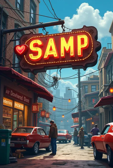 Picture of a car repair shop with a sign that says "Swiki Workshop Star City❤️" in the shape of a SAMP game.