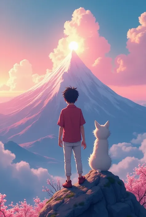 Create a relastic 25-year-old Korean boy, wearing a red shirt and white pants, climbs to the peak of a mountain with the white fox by his side. The Studio Ghibli meets digital fantasy world stretches out before him: soft pastel skies, glowing cherry blosso...