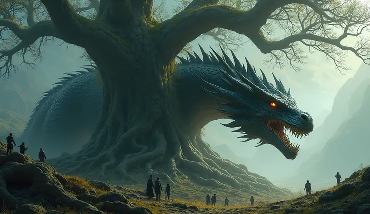 The dragon Níðhöggr gnaws at the roots of Yggdrasil, trying to destroy it.