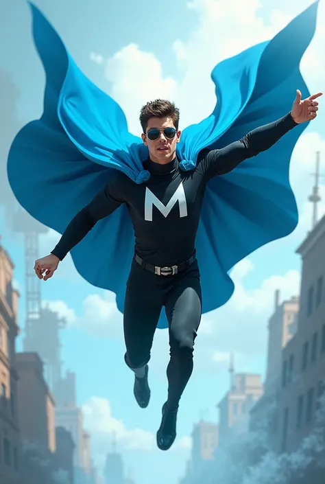  Young man flying,  black clothes, Blue cape, Letter M on the chest 