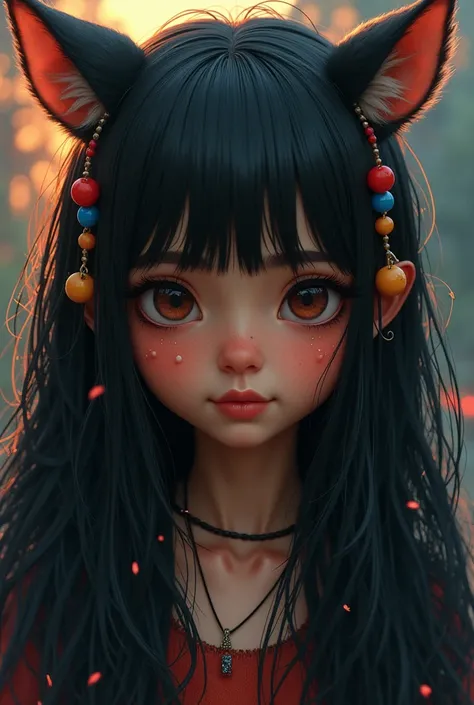 black hair, hair bobbles, wince, longeyelashes, solid circle eyes, fake animal ears, light smile, ear blush, fang, ccurate, South American. dark skin, Surrealism, drop shadow, anaglyph, stereogram, tachi-e, pov, atmospheric perspective, 8k, super detail, b...