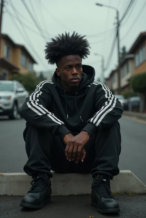 Gangster in sportswear , by the afro,  sad and seated and in the background some streets with houses and cars