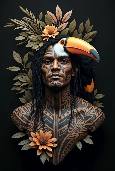  Create an art of a Brazilian Indian in the black work tattoo style, Only the bust with a toucan to adorn and leaves 