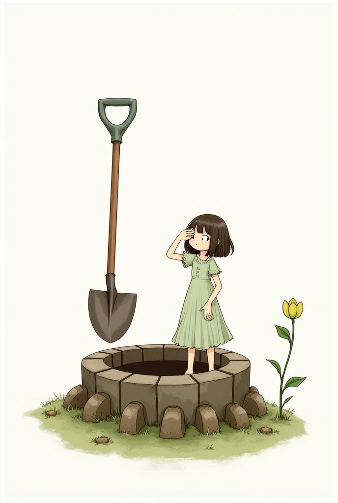 Create the image of a ground well, simple and with details, Next to the well one in a dress,  holding an ordinary digging hoe in her hand,  while the other hand is in front of your eyes as if they were gently wiping them away.  And she is looking forward ,...