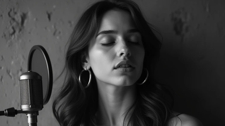 Hyper-realistic black-and-white portrait of a young woman with long hair and closed eyes, wearing hoop earrings, softly illuminated by diffused light, her lips slightly parted, standing in front of a vintage microphone, textured concrete background, detail...