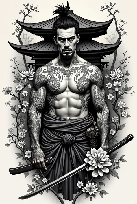 Create a drawing in the black work tattoo style. A samurai from the waist up, With flowers and a temple