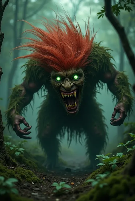 A terrifying version of the Curupira, a mythical Brazilian creature known for protecting forests. It has fiery red hair, wild and untamed, with glowing green eyes. Its face is twisted in a menacing expression, with sharp, elongated teeth visible. The Curup...