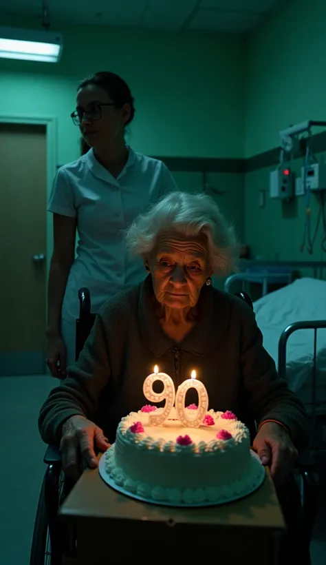 Inside a dark, coldly illuminated hospital room, a frail 90-year-old woman sits still in her wheelchair, hands resting motionless on her lap. Her deeply wrinkled face is calm yet melancholic, her weary eyes reflecting distant memories. A tear escapes, roll...