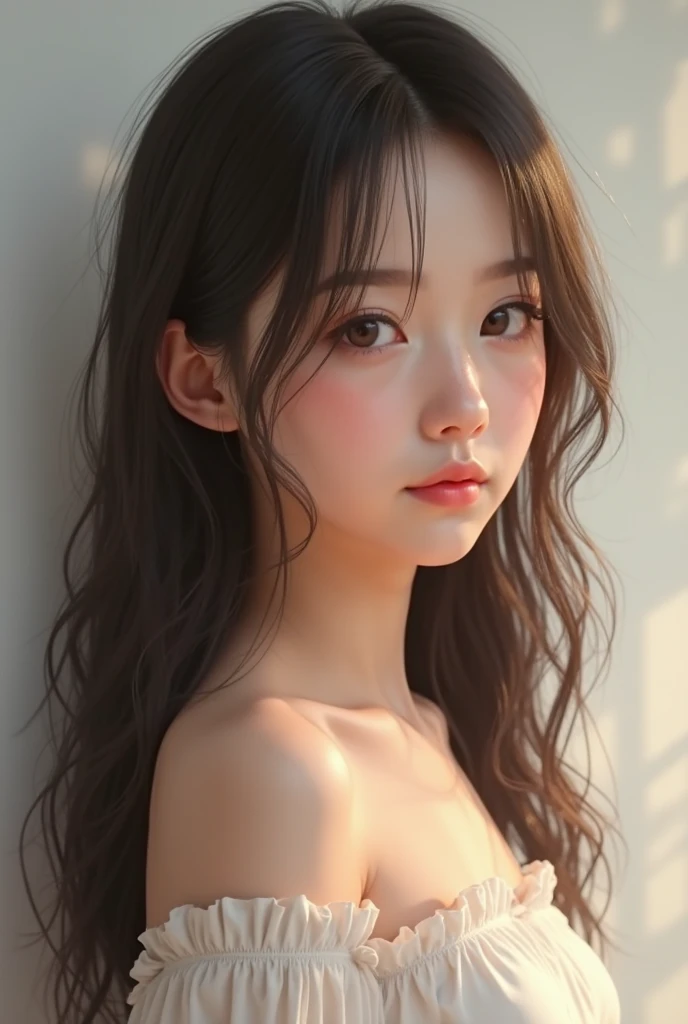 Generate a skinny white girl with long ashy brown hair, make her have side bangs and make her cute and realistic