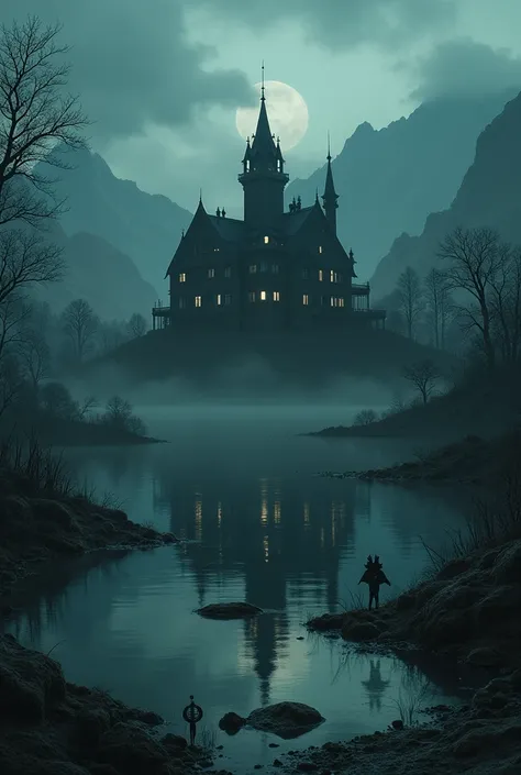 A dark landscape with a large house haunted by dolls and with a dark glimmer, with a lake that can be seen and mountains in the background 