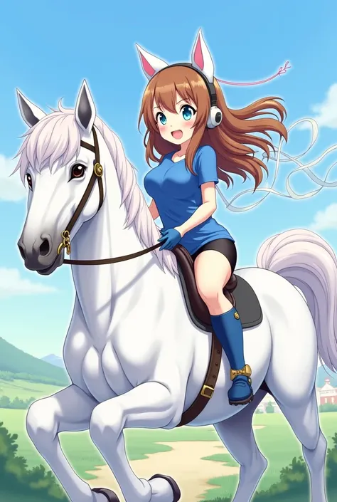 anime girl,long brown hair,blue eyes,streemer headphones cat ears,blue short shirt,black short pants,short sleeves,blue gloves,blue boots she ride white horse