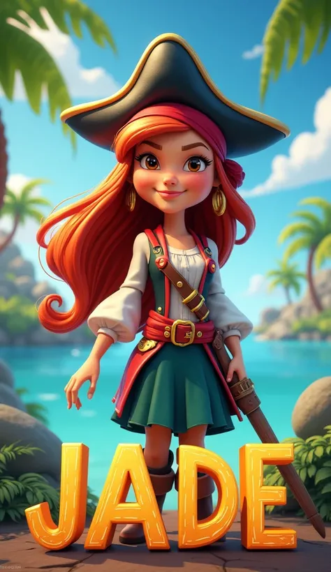 Créer une affiche OF pirate ultra détaillée . Style Disney 3d pour enfant. Whriting lettre by letter "jade" en français et en majuscule.
Thème Pirate fille.