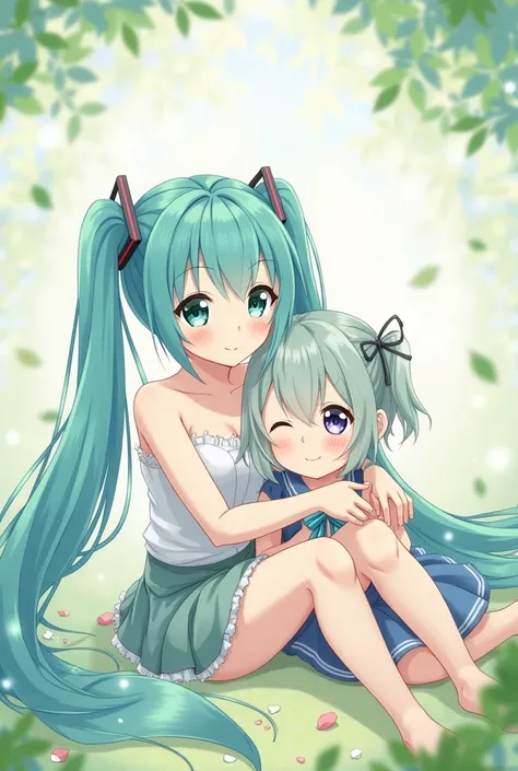 Create an image of Miku sitting next to Shysuru