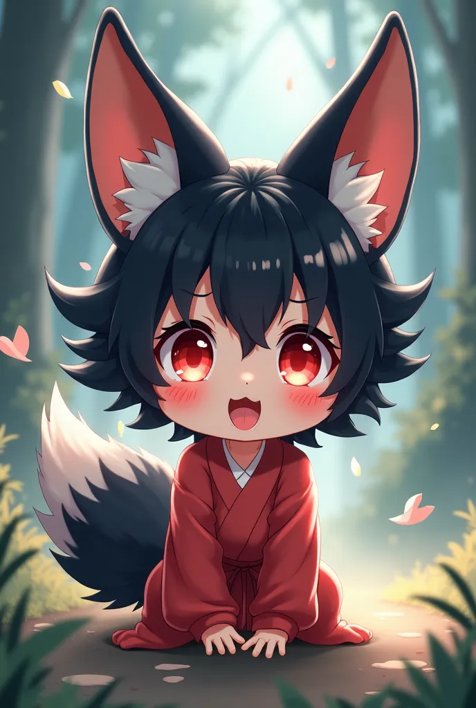 A baby anime kitsune with red eyes and black hair sticks out its tongue