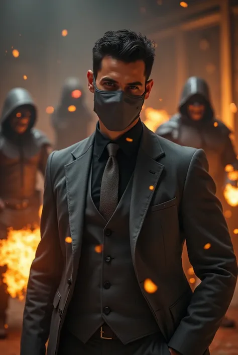 Handsome man with very short dark hair well groomed with a short and elegant beard wearing a gray mask wearing a dark gray suit with a black shirt and gray tie using fire magic in a room surrounded by enemies 