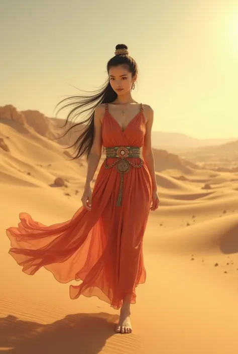 (  highly detailed)  oriental girl , Young,  large breasts, cintura fina,  long hair, black people, Using bun , Walking in the desert.