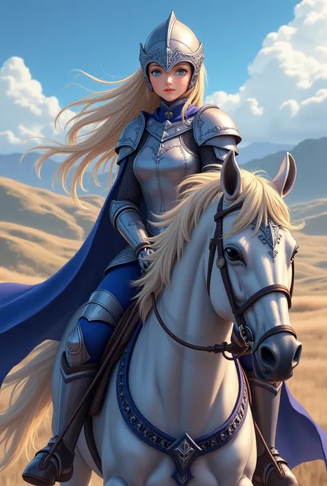 an anime girl with long blonde hair and blue doe eyes wears gray knight armor with dark purple trim of blue pants and knight boots on her head she has a helmet she ride a horse