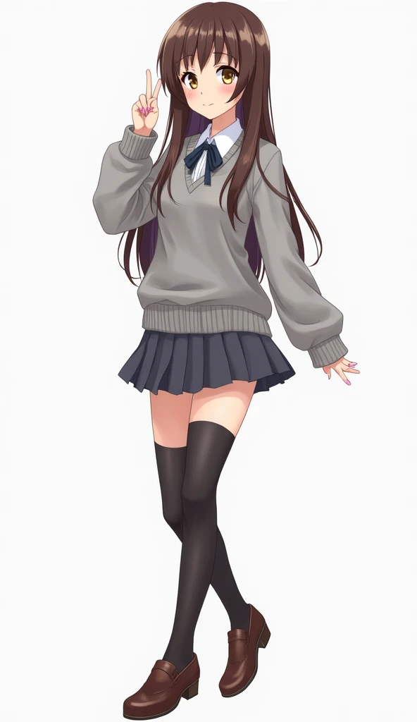 Japanese anime teen woman with long brown hair and brown eyes and pink nails and pink nails and wears a loose gray sweater over a white shirt and wears a short gray school uniform skirt and black stockings and brown shoes and white bottom and full body