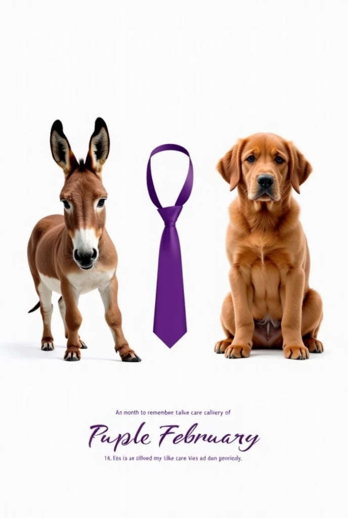 Poster com. white background
Title : " Purple February"
Image on the right  :  Brazilian Caramel Dog
Left image :  Caramel Donkey
Image in the center :  tie tie color purple
Text below : "  A month to remember to take care of the health of elderly animals"...