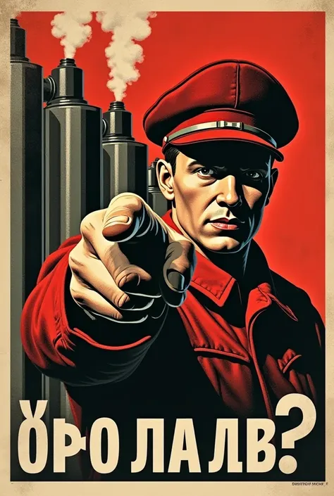 Soviet propaganda poster, 1920s constructivism, bold red and black colors, a heroic Red Army soldier in Budenovka hat pointing directly at the viewer, intense gaze, text in Russian "А ТЫ ВЫКЛЮЧИЛ ОБОГРЕВАТЕЛЬ?" in blocky Cyrillic letters, behind him — row ...