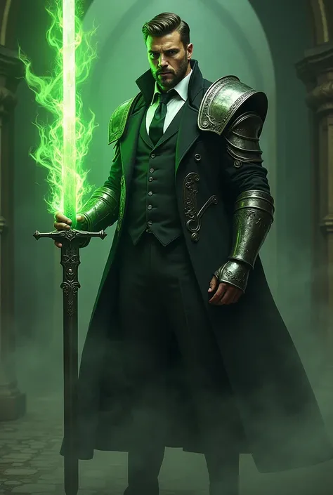  tall and strong handsome man with short beard dressed in armor wearing a Victorian style suit with gray tie underneath wielding a sword shrouded in green fire