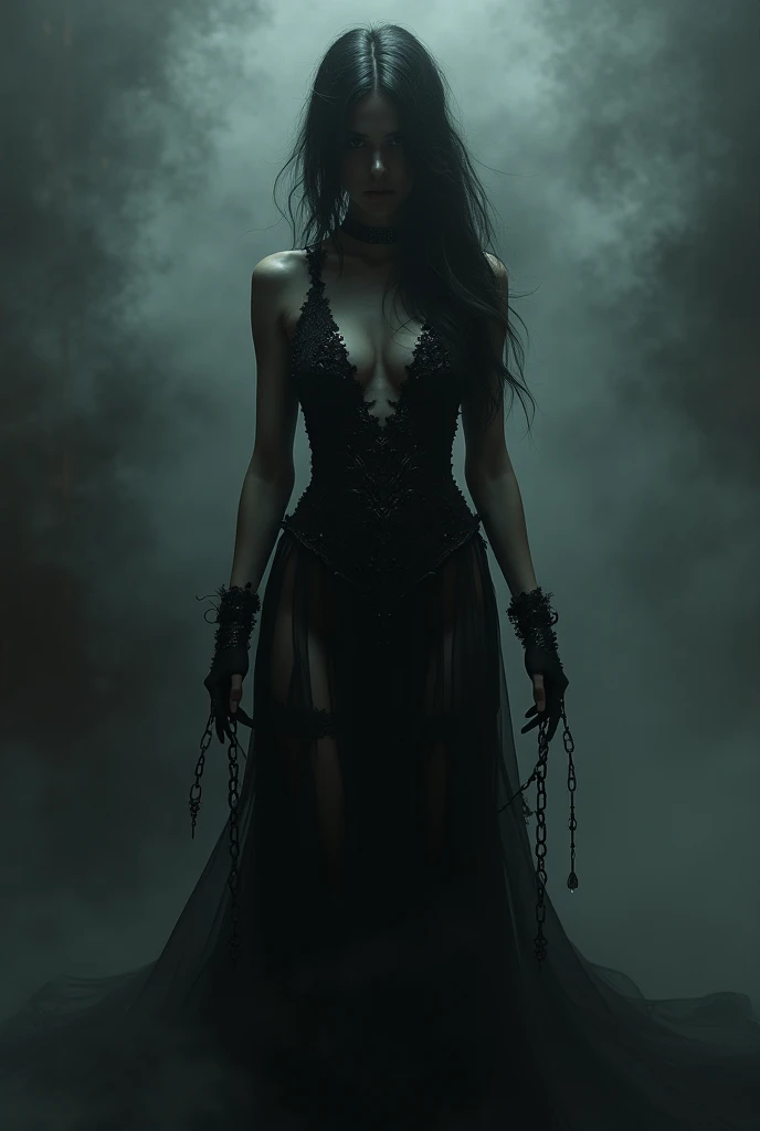 shadow enchantress wearing a black sexy, skin showing goddess dress with broken chains hanging off wrists and black fog around, mystery 