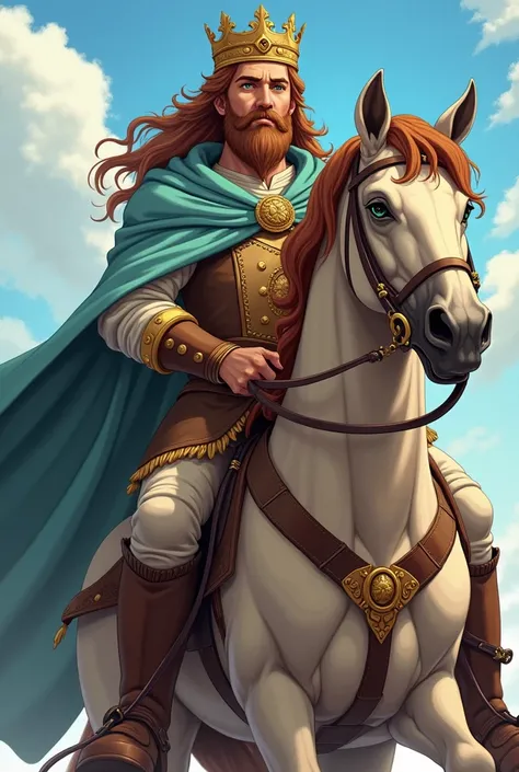 a medieval king in anime style with a crown on his head with a light blue cloak a brown beard long brown hair a brown jacket decorated with golden threads brown boots and white pants green eyes he ride a horse