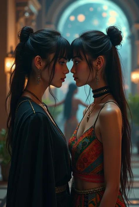 two beautiful girls in dark outfits, one saying something in her ear, gossiping aside about a woman who dances and rejoices in an ethnic dress, rushing to the cosmic light