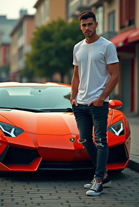  There's a Lamborghini car and a handsome boy in a t-shirt standing next door. A The letter D I need to write the letter . 