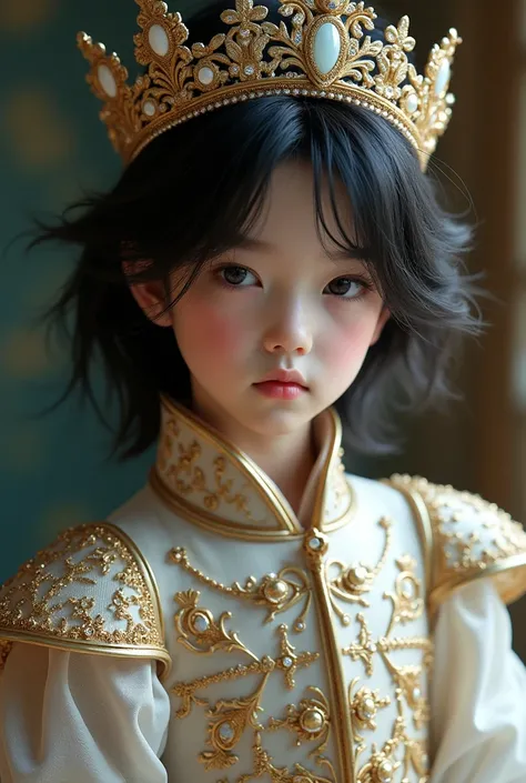 boy,  white skin,  long dark hair , roupas majestosas e delicadas  High resolution, HD model,  best quality, Jewel, crown, brilliance, Alone,  High resolution,  masterpiece, detail, toys, 