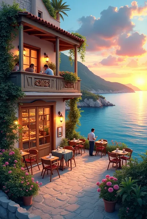 Create a cafe by the blue sea with a beautiful sunset and a well-organized island island