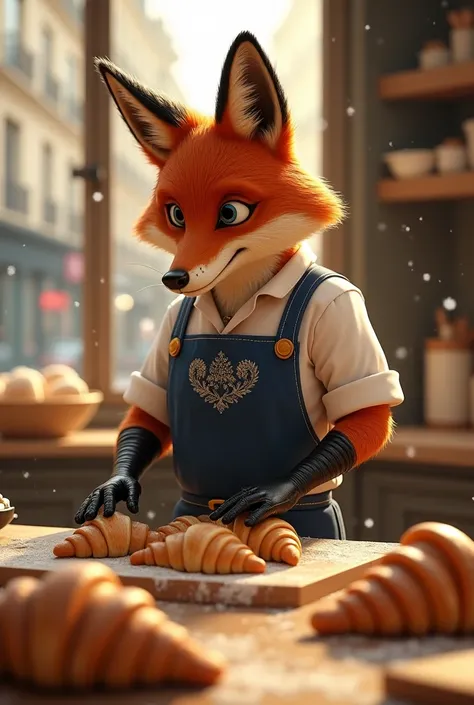 A hyper-realistic, cinematic image of an anthropomorphic fox named Pierre, a refined and meticulous pâtissier, crafting the perfect batch of golden, flaky croissants in a Parisian bakery. Pierre wears a navy-blue apron with silver embroidery, his fur neatl...