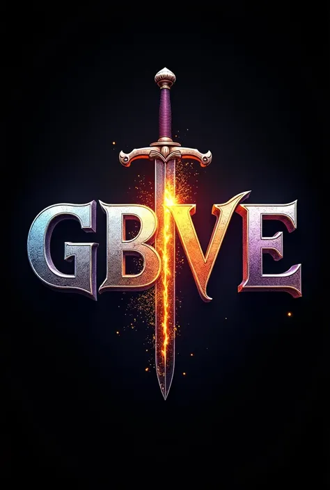 letters:  GBVE in different colors  ( White , blue, purple, brown),  with robust font  (Ex: Bebas Neue ).

sword:  Crossing the letters diagonally , lâmina em preto com detalhes vermelhos e cabo brown.

fire and sparks:  Flames coming out of the sword in a...