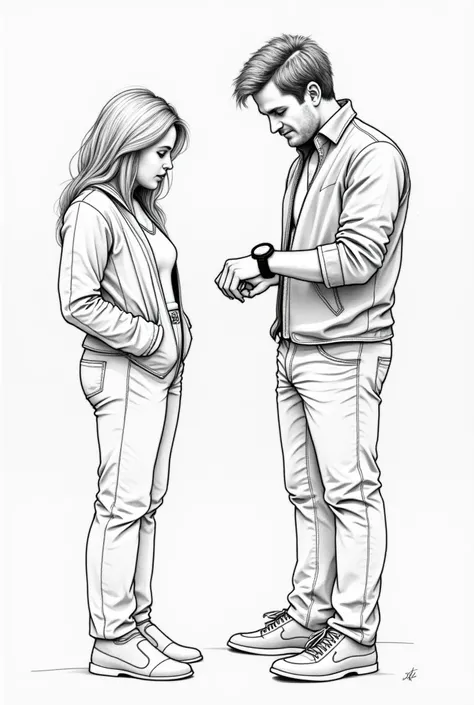 Hand drawing sketch of a woman and a man  looking at his wristwatch. Full body 