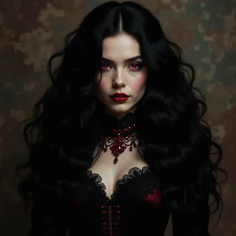 An impressive and undeniably magnetic woman.  Her dark hair as night ,  long and wavy,  they cascade down to the waist , giving it an aura of mystery and power.  When exposed to light ,  her hair reflects a subtle sheen ,  as if they were wrapped in a veil...