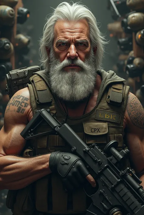  Game Contom style male character , Guns and grenades background, Chest with the phrase "CPX" Old White Man's Hair and Beard 