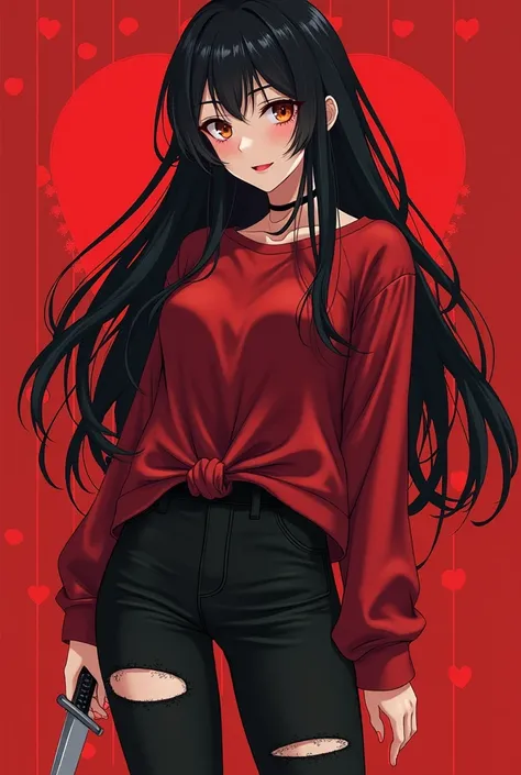 adult anime girl ,  long black hair with red hair tips,  red sweatshirt, ripped black pants tied ,black converse sneakers, brown eyes, a smile showing her teeth, pale skin,  with a knife in her right hand ,  big breasts, long eyelashes, red aesthetic backg...